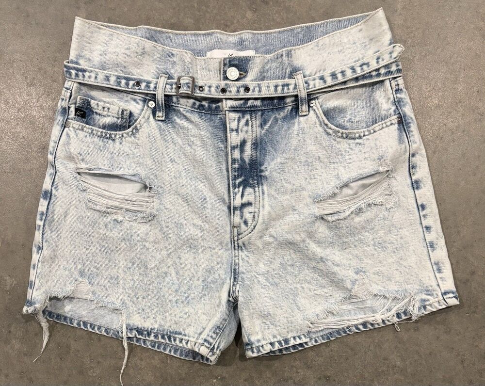 Kancan Women's Jean Shorts 4" Inseam High Rise Belted Acid Wash Denim Sz 29